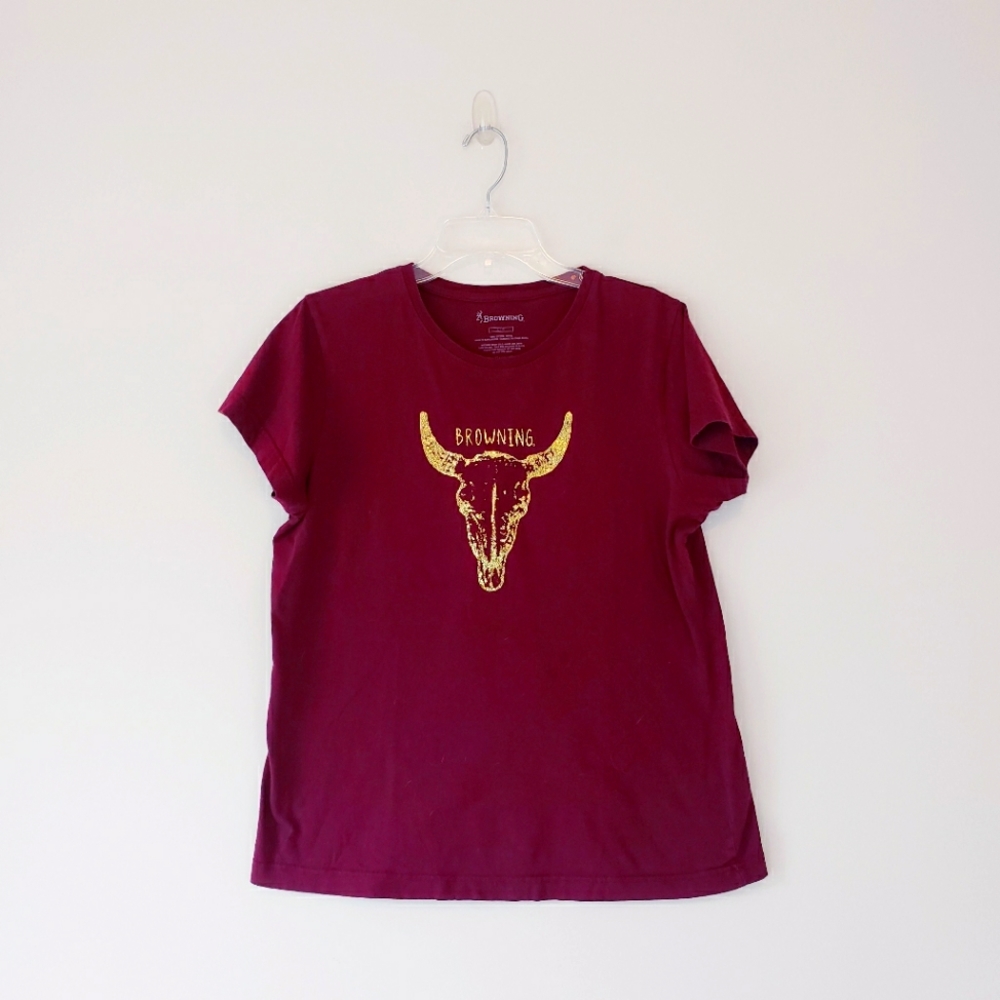 Browning Cow Skull T Shirt Burgundy Deep Red Gold Foil Women's Large